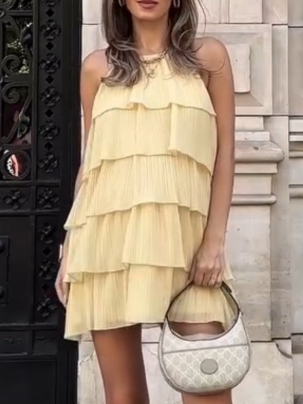 NWT Zara Tiered Ruffle Mini Dress in Pale Yellow Size M
